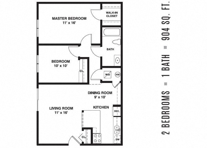 Floor plan for 2 beds, 1 bath, 904 sqft